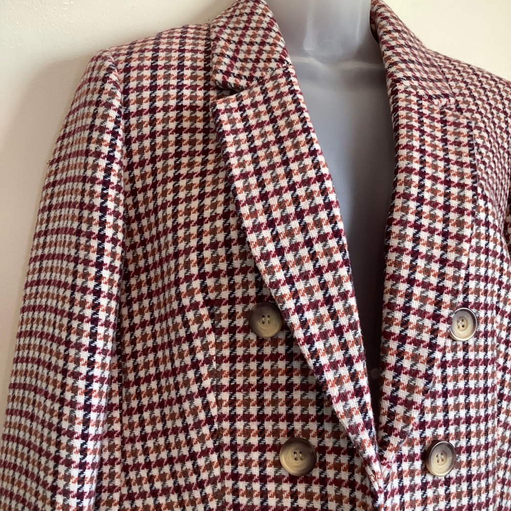 Jones New York Womens Houndstooth Blazer Double Breasted Wool Blend Burgundy L